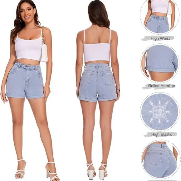 Denim Shorts Women Stretchy High Waisted Fold Hem Jean Shorts - Picture 4 of 6